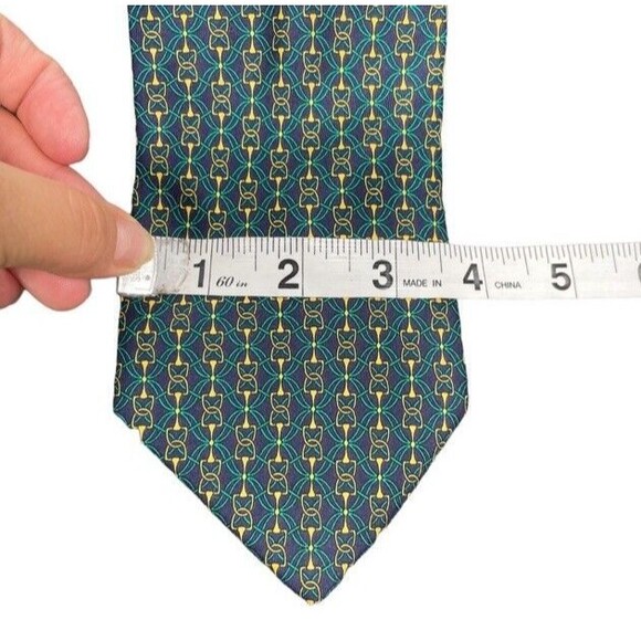 BALENCIAGA 100% Silk Necktie Lux Tie Horse Bit Classic Green Gold Classy Vintage - Picture 8 of 8